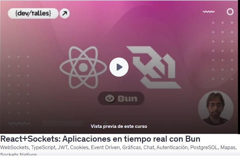 React+Sockets: Aplicaciones en tiempo real con BunWebSockets, TypeScript, JWT, Cookies, Event Driven, Gráficas, Chat, Autenticación, PostgreSQL, Mapas, Sockets Nativos
